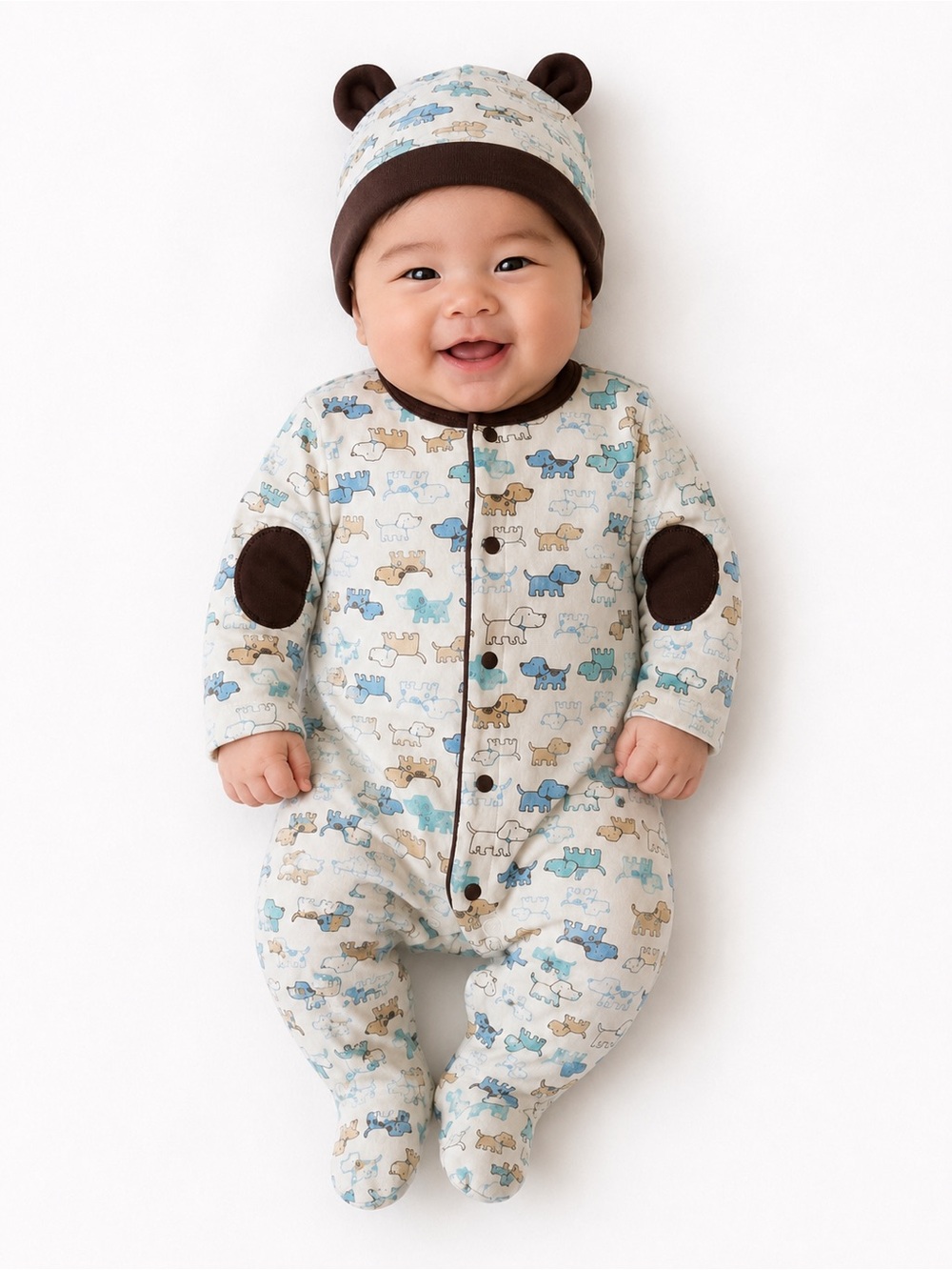 NWOT Little Me Blue & Brown Puppy One-Piece with Hat